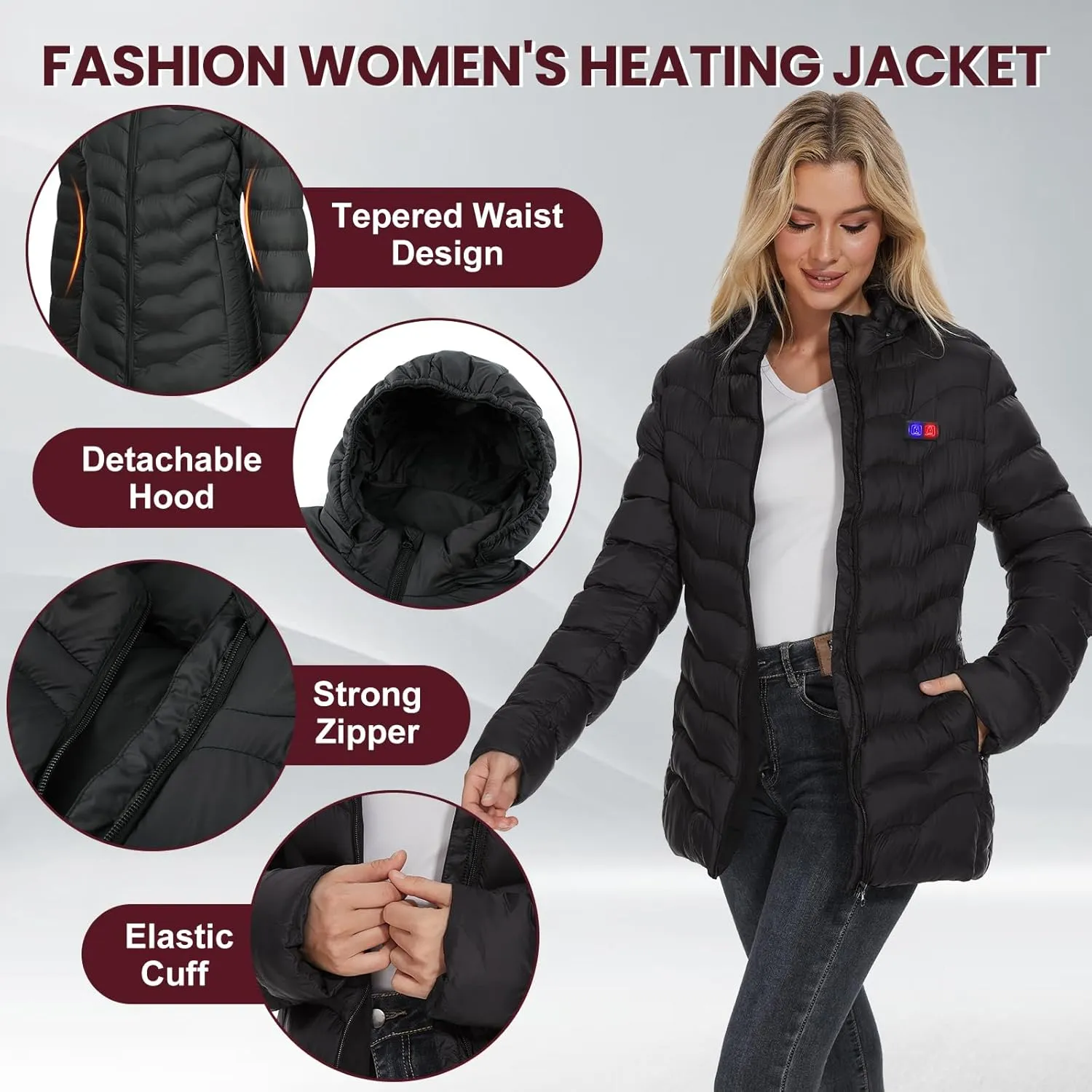Womens Heated Jacket with 10000mAh Battery Pack, Dual Control Button Heated Coat
