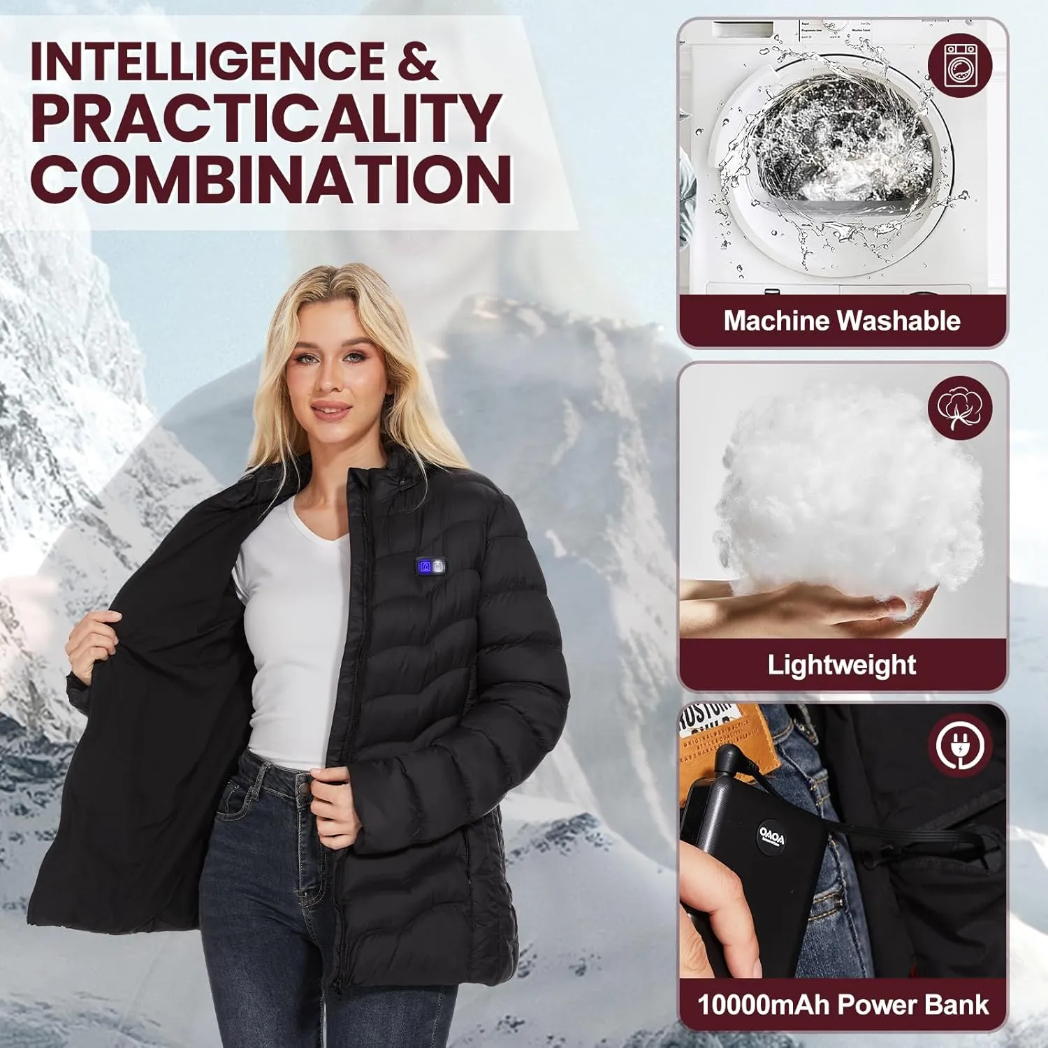 Womens Heated Jacket with 10000mAh Battery Pack, Dual Control Button Heated Coat