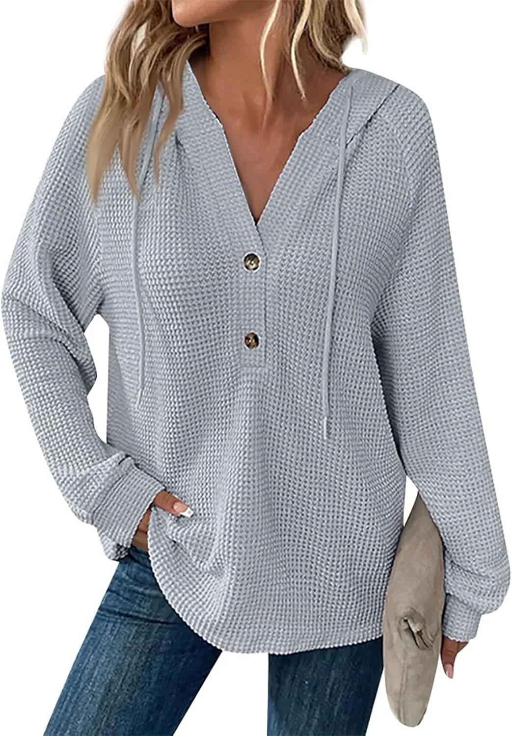 Womens Hoodies Waffle Knit Drawstring Button V Neck Long Sleeve Casual Pullover Sweatshirt Hooded Tops