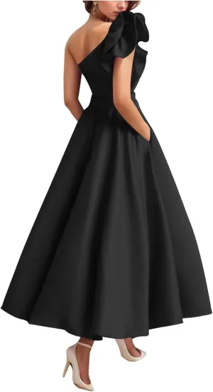 Women's One Shoulder Elegant Evening Dress with Pockets Satin Tea Length A Line Formal Wedding Guest Dress