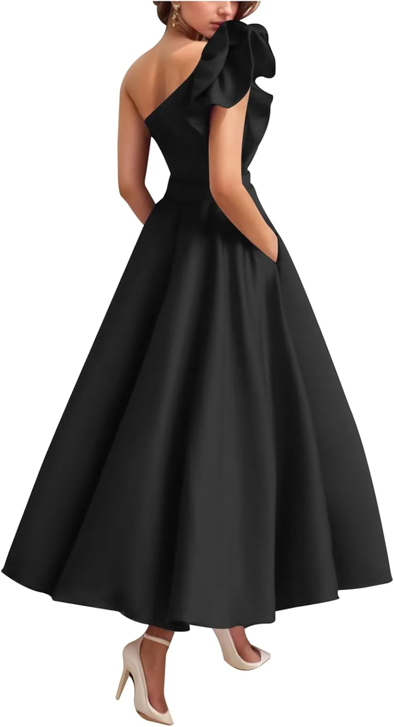 Women's One Shoulder Elegant Evening Dress with Pockets Satin Tea Length A Line Formal Wedding Guest Dress