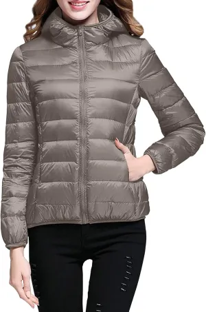 Women's Packable Puffer Jacket Lightweight Hooded Down Jacket Quilted Winter Warm Coats Full-Zip Outwear with Bag Khaki