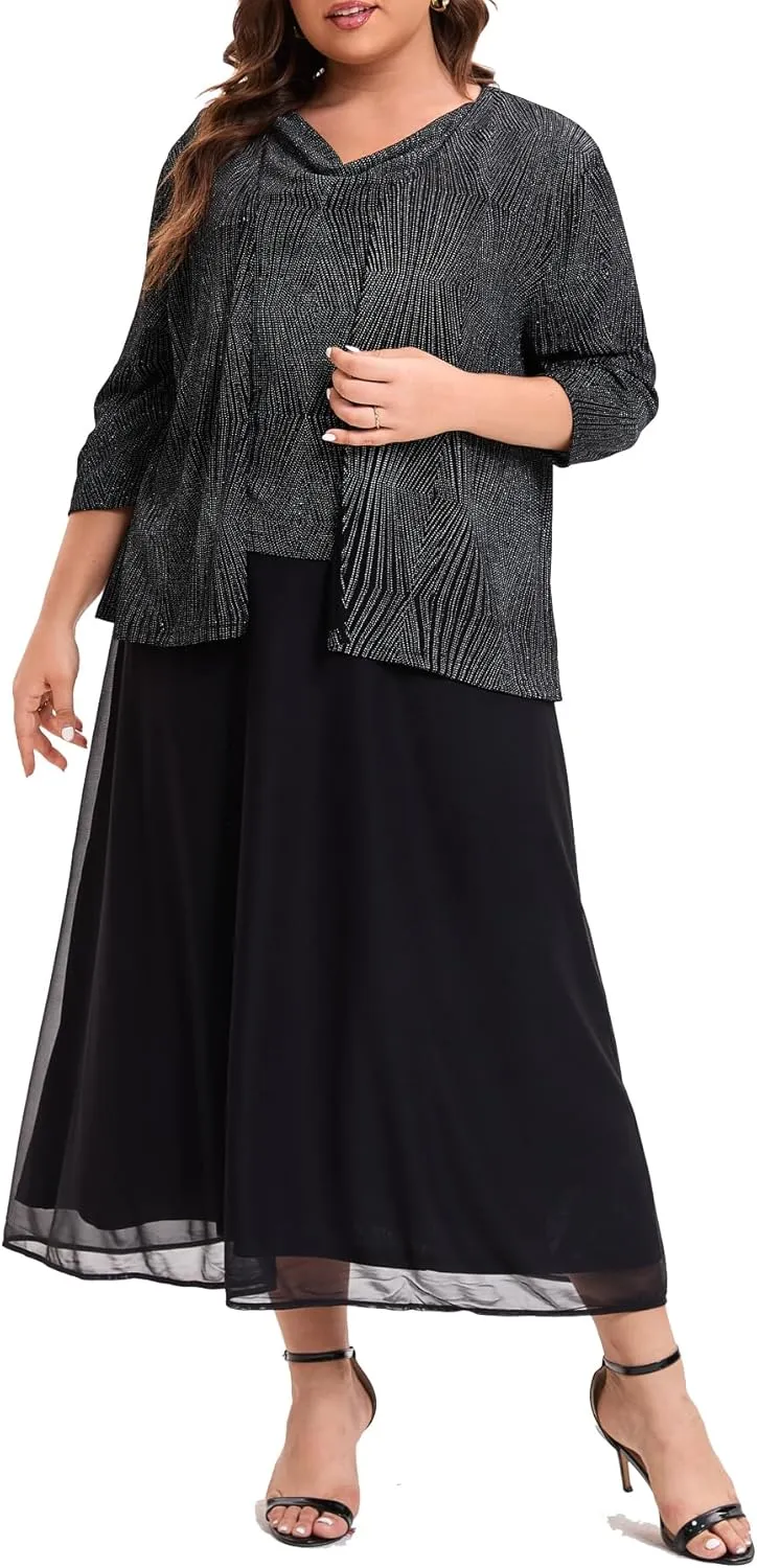 Women's Plus Size Mother of The Bride Suits Tea Length Glimmer Jacket Dress Set Formal Evening Gowns