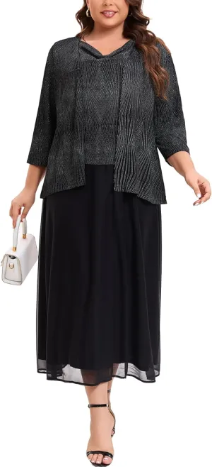 Women's Plus Size Mother of The Bride Suits Tea Length Glimmer Jacket Dress Set Formal Evening Gowns