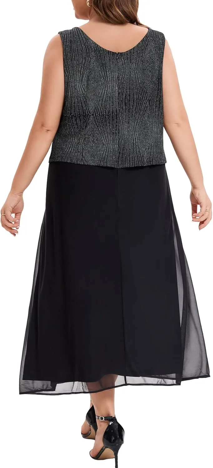 Women's Plus Size Mother of The Bride Suits Tea Length Glimmer Jacket Dress Set Formal Evening Gowns
