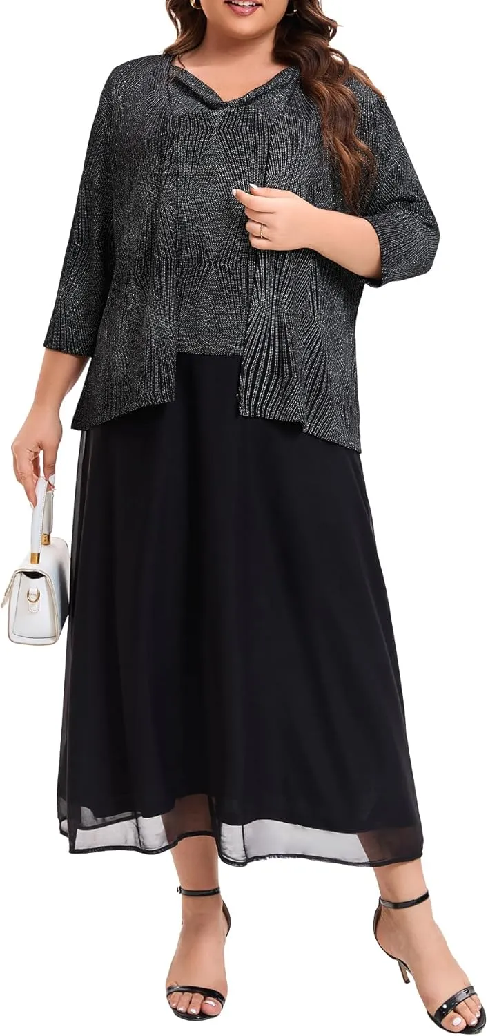 Women's Plus Size Mother of The Bride Suits Tea Length Glimmer Jacket Dress Set Formal Evening Gowns