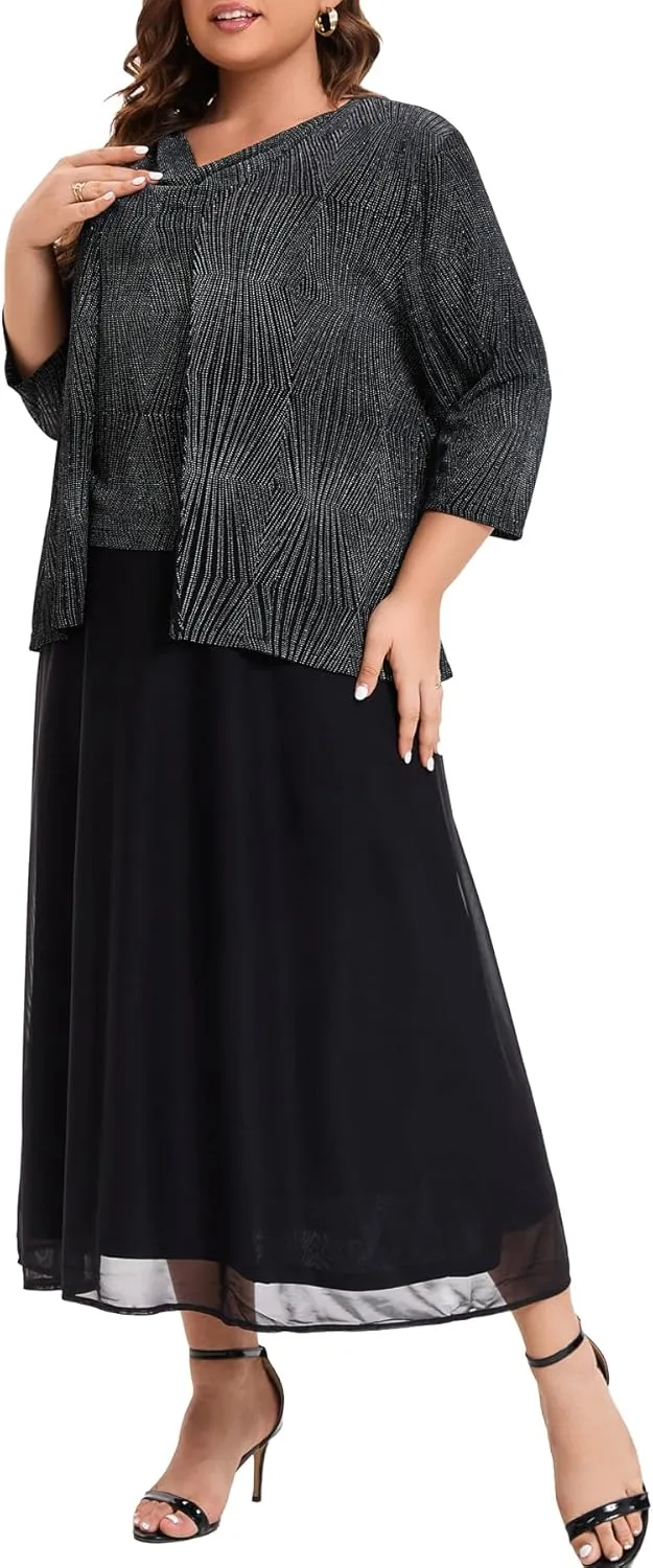 Women's Plus Size Mother of The Bride Suits Tea Length Glimmer Jacket Dress Set Formal Evening Gowns