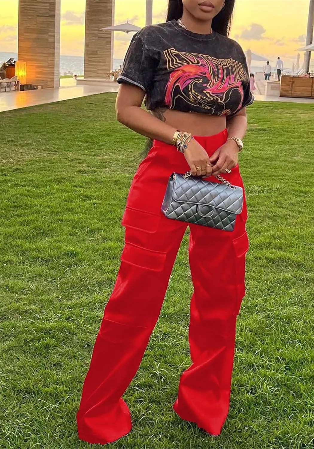 Women's Satin Cargo Wide Leg Pants High Waisted Relaxed Casual Multi Pocketed Straight Leg Trouser