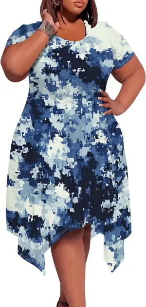 Women's Sexy Curve Fit T-Shirt Dress Plus Size Short Sleeve Midi Dress Camouflage Graphic Print Dress with Pockets