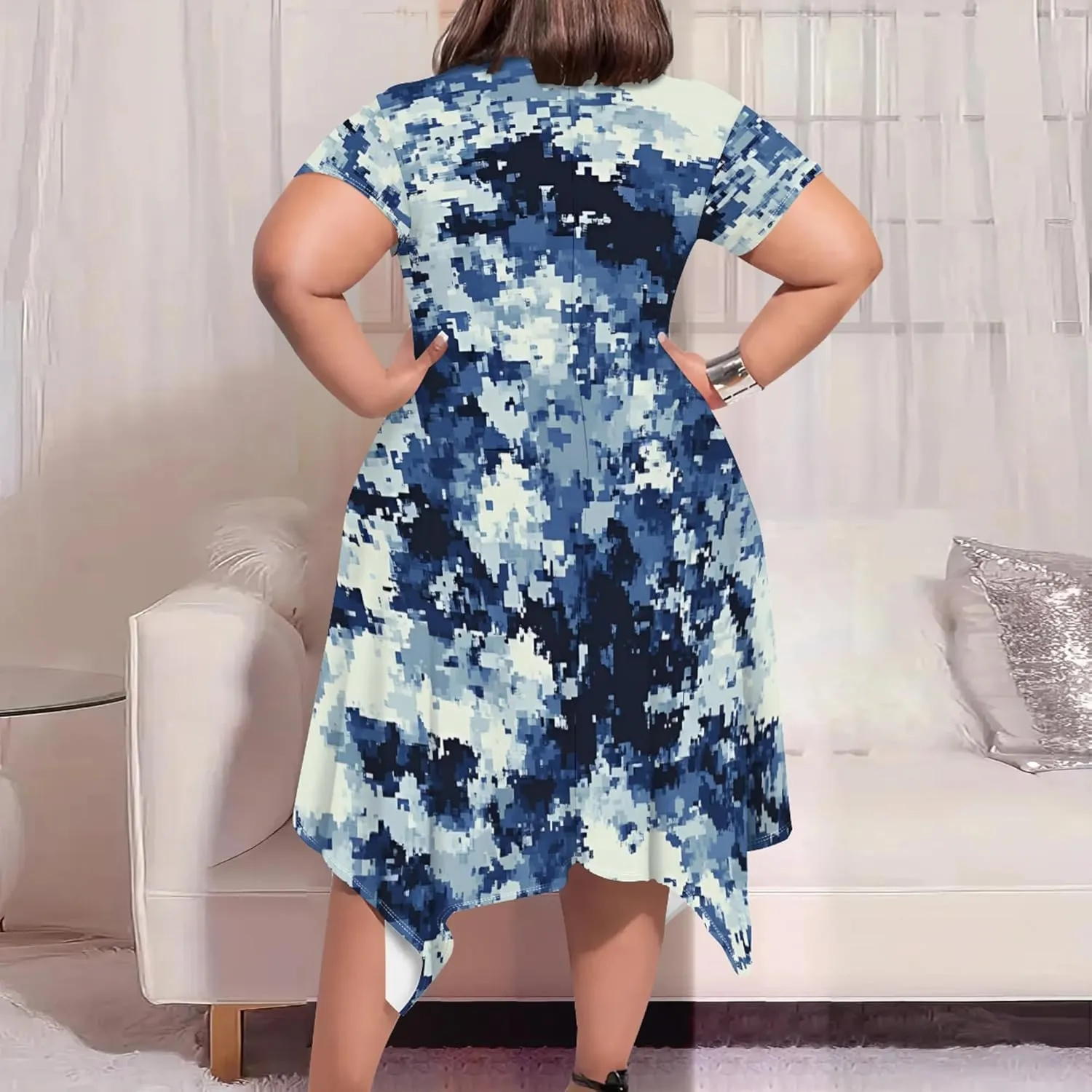 Women's Sexy Curve Fit T-Shirt Dress Plus Size Short Sleeve Midi Dress Camouflage Graphic Print Dress with Pockets