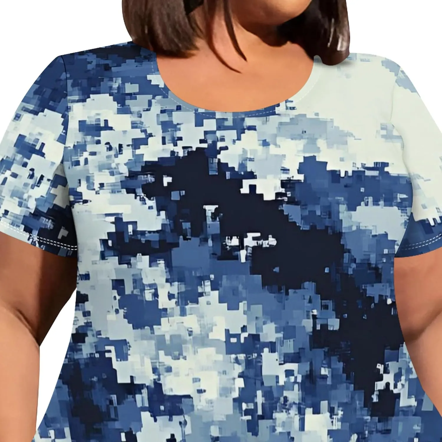 Women's Sexy Curve Fit T-Shirt Dress Plus Size Short Sleeve Midi Dress Camouflage Graphic Print Dress with Pockets