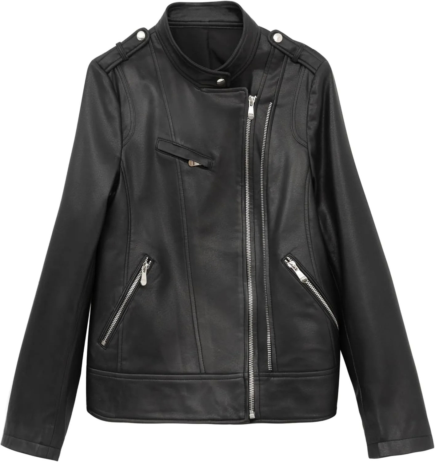 Women's Short Standing Neck Zipper Slim Fitting Motorcycle Jacket