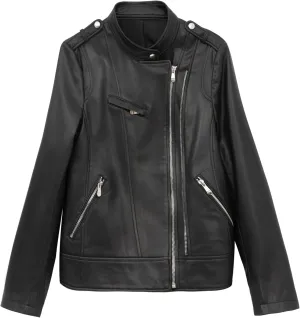 Women's Short Standing Neck Zipper Slim Fitting Motorcycle Jacket