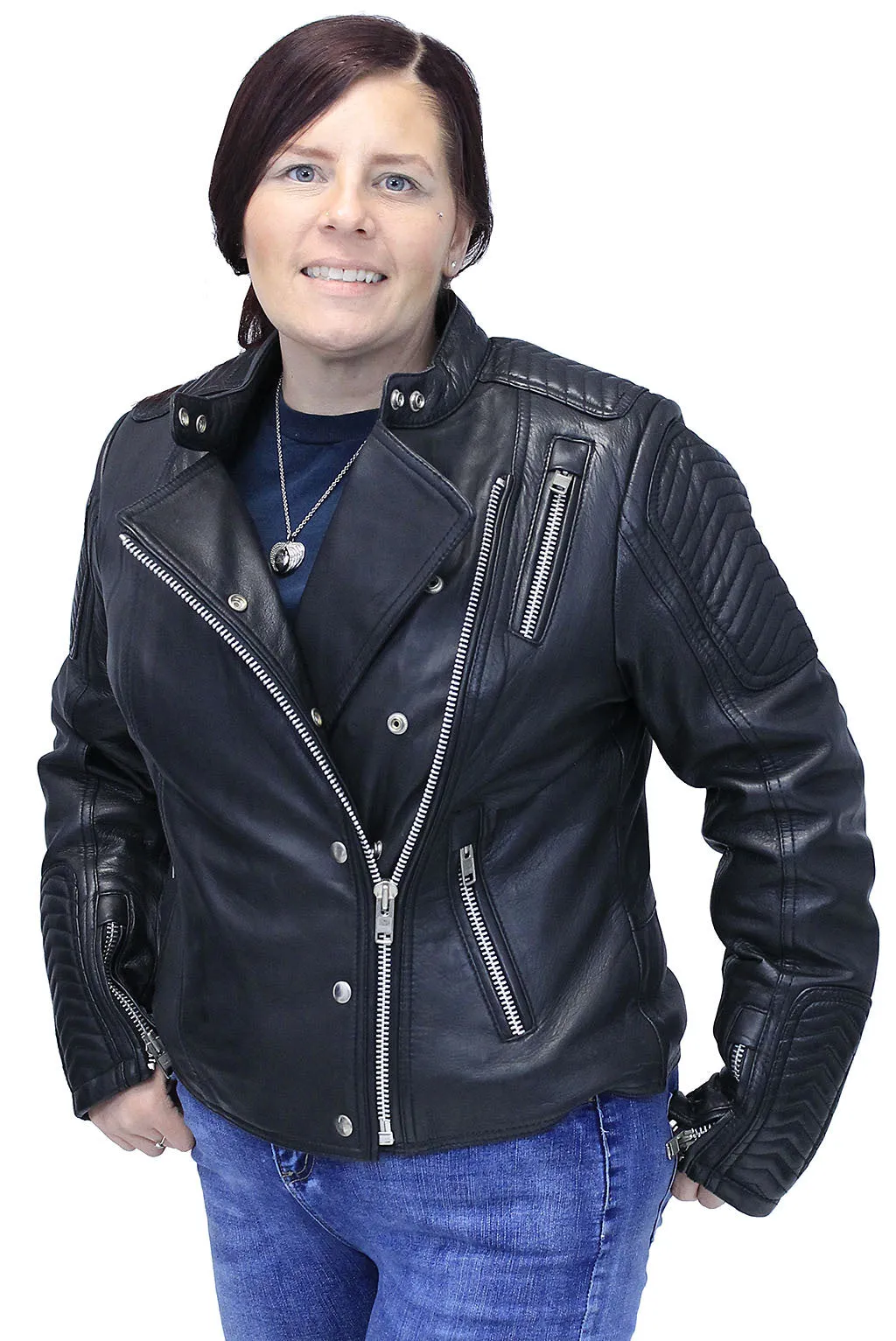 Women's Soft Black Lambskin Zip Snap Motorcycle Jacket #L187ZK