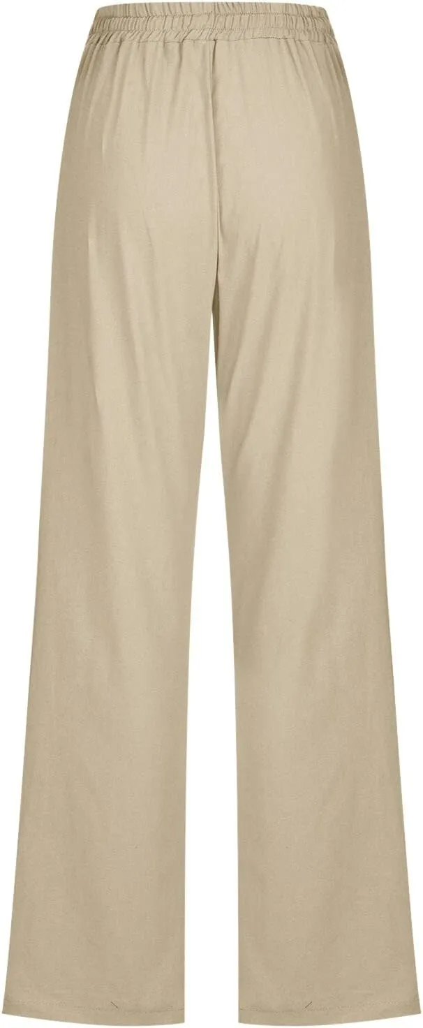 Women's Straight Leg Long Pants Elastic High Waist Drawstring Loose Casual Pants Solid Color Trousers with Pockets