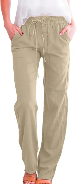 Women's Straight Leg Long Pants Elastic High Waist Drawstring Loose Casual Pants Solid Color Trousers with Pockets