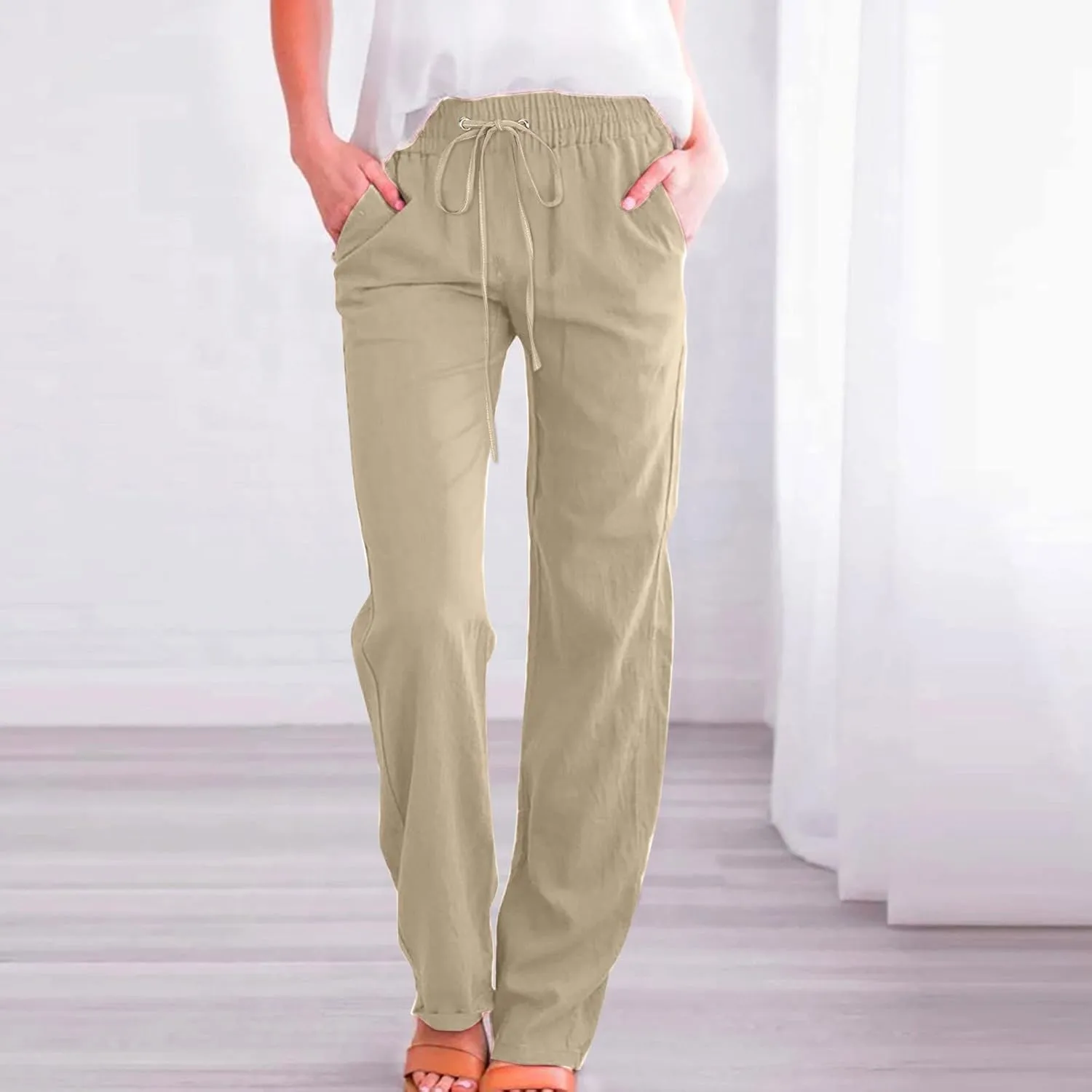 Women's Straight Leg Long Pants Elastic High Waist Drawstring Loose Casual Pants Solid Color Trousers with Pockets