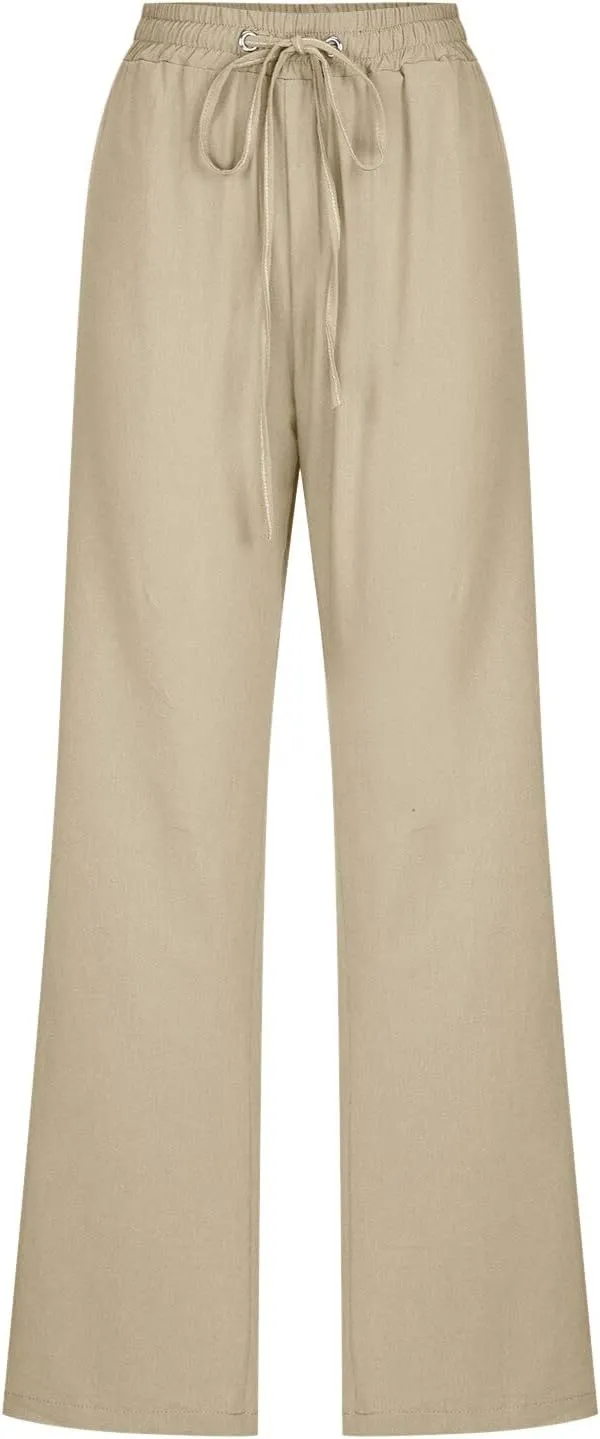 Women's Straight Leg Long Pants Elastic High Waist Drawstring Loose Casual Pants Solid Color Trousers with Pockets