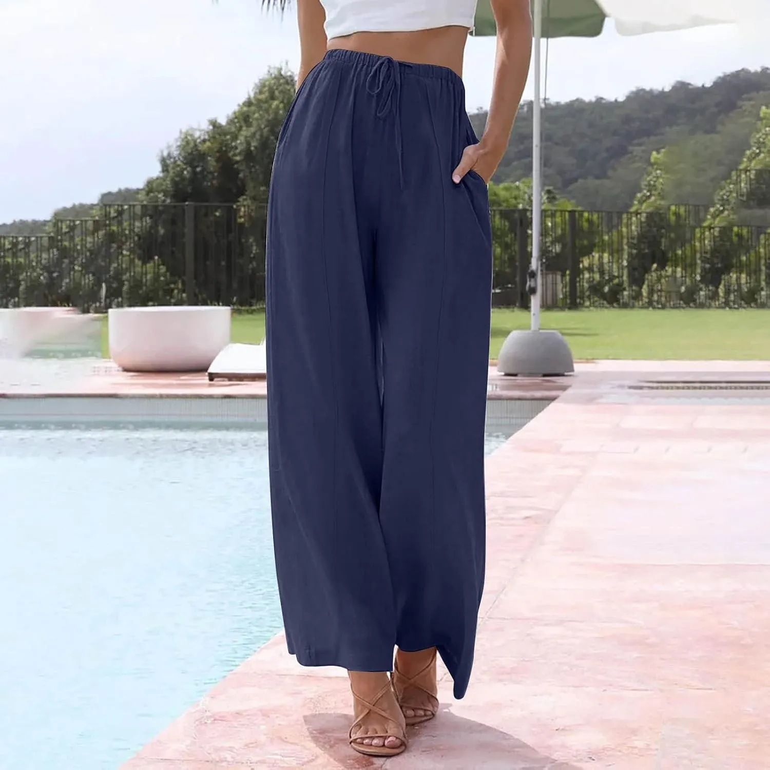 Womens Summer Palazzo Linen Pants Casual Loose High Waist Wide Leg Pant Boho Flowy Beach Vacation Lounge Trousers