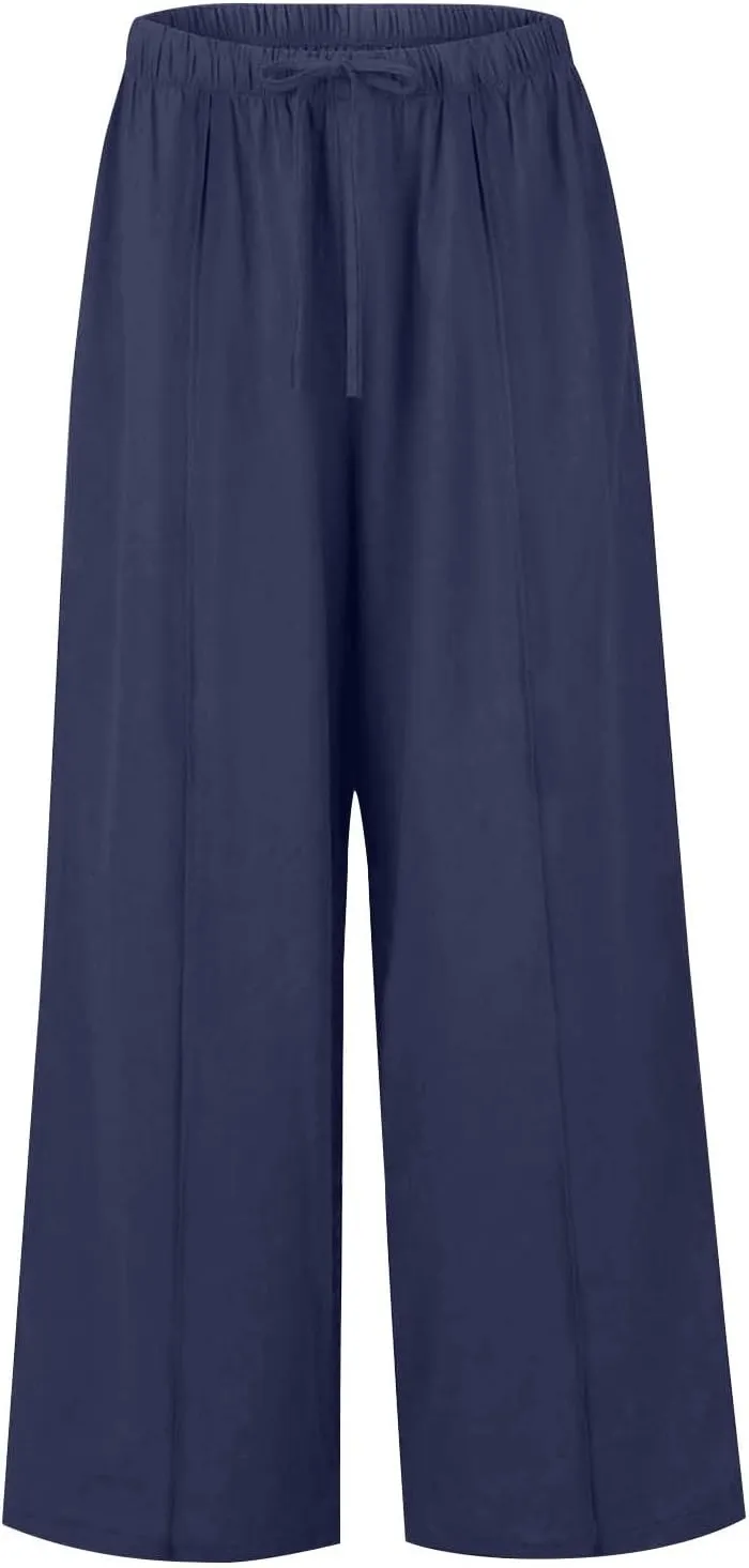 Womens Summer Palazzo Linen Pants Casual Loose High Waist Wide Leg Pant Boho Flowy Beach Vacation Lounge Trousers