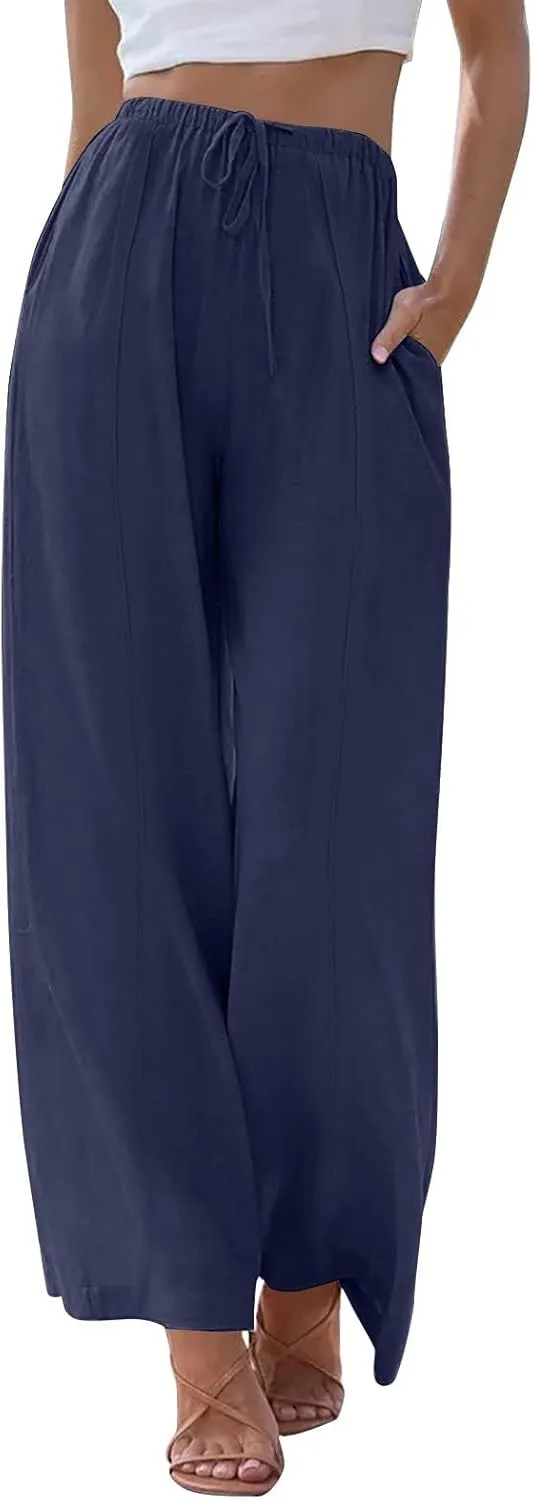Womens Summer Palazzo Linen Pants Casual Loose High Waist Wide Leg Pant Boho Flowy Beach Vacation Lounge Trousers