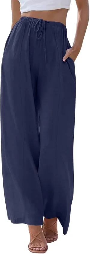 Womens Summer Palazzo Linen Pants Casual Loose High Waist Wide Leg Pant Boho Flowy Beach Vacation Lounge Trousers