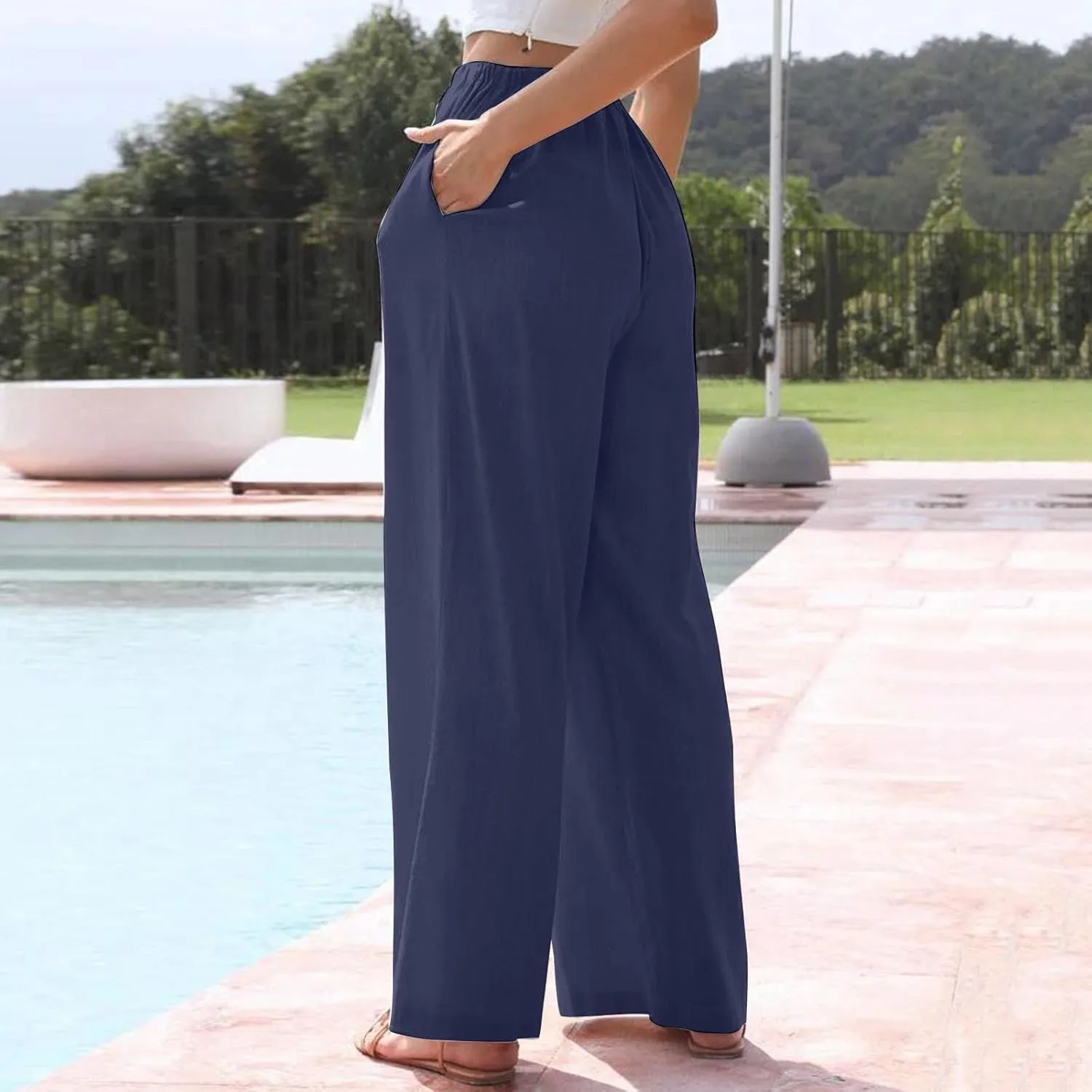 Womens Summer Palazzo Linen Pants Casual Loose High Waist Wide Leg Pant Boho Flowy Beach Vacation Lounge Trousers