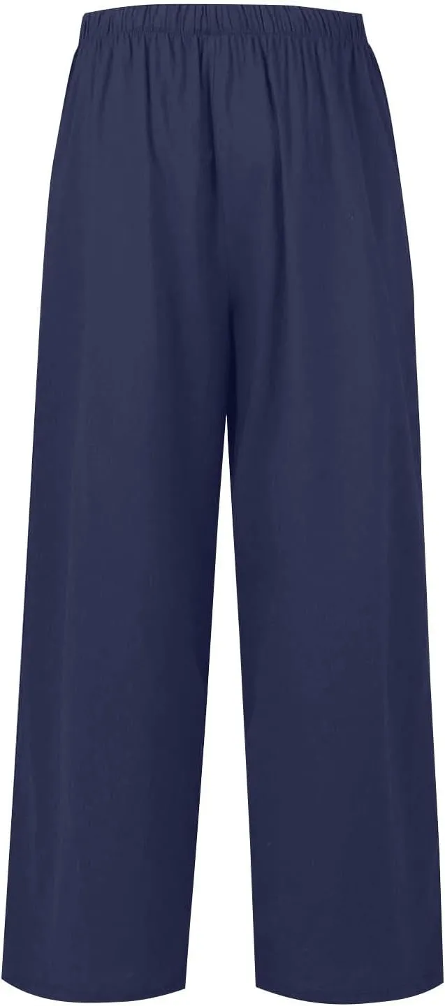 Womens Summer Palazzo Linen Pants Casual Loose High Waist Wide Leg Pant Boho Flowy Beach Vacation Lounge Trousers