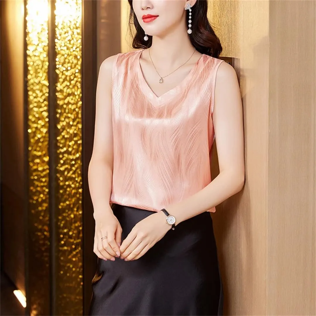 Women's Summer V-Neck Satin Vest Sleeveless Tees Elegant Office Tank Tops Camisole