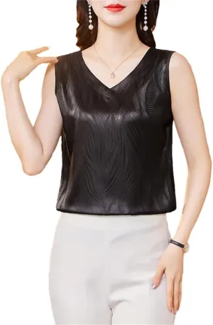 Women's Summer V-Neck Satin Vest Sleeveless Tees Elegant Office Tank Tops Camisole