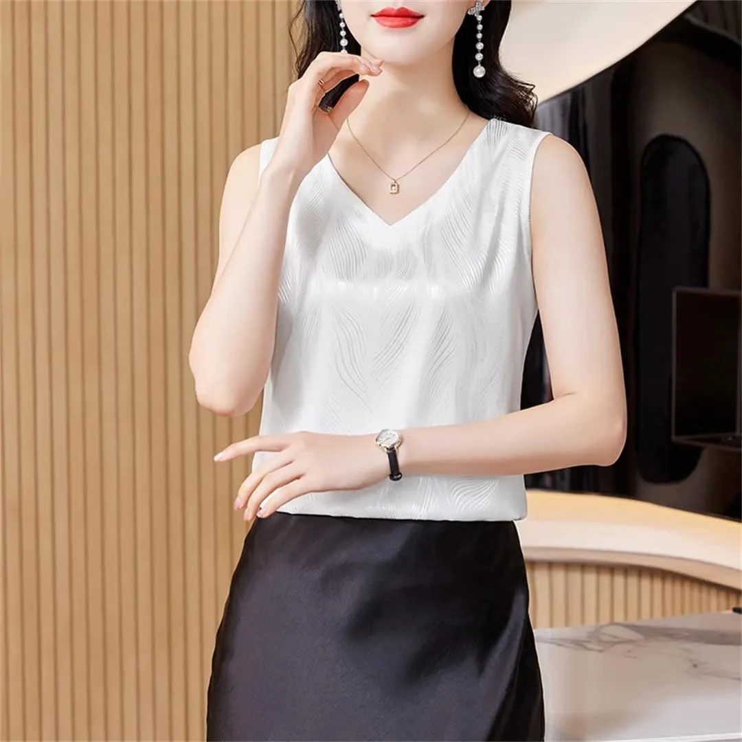 Women's Summer V-Neck Satin Vest Sleeveless Tees Elegant Office Tank Tops Camisole