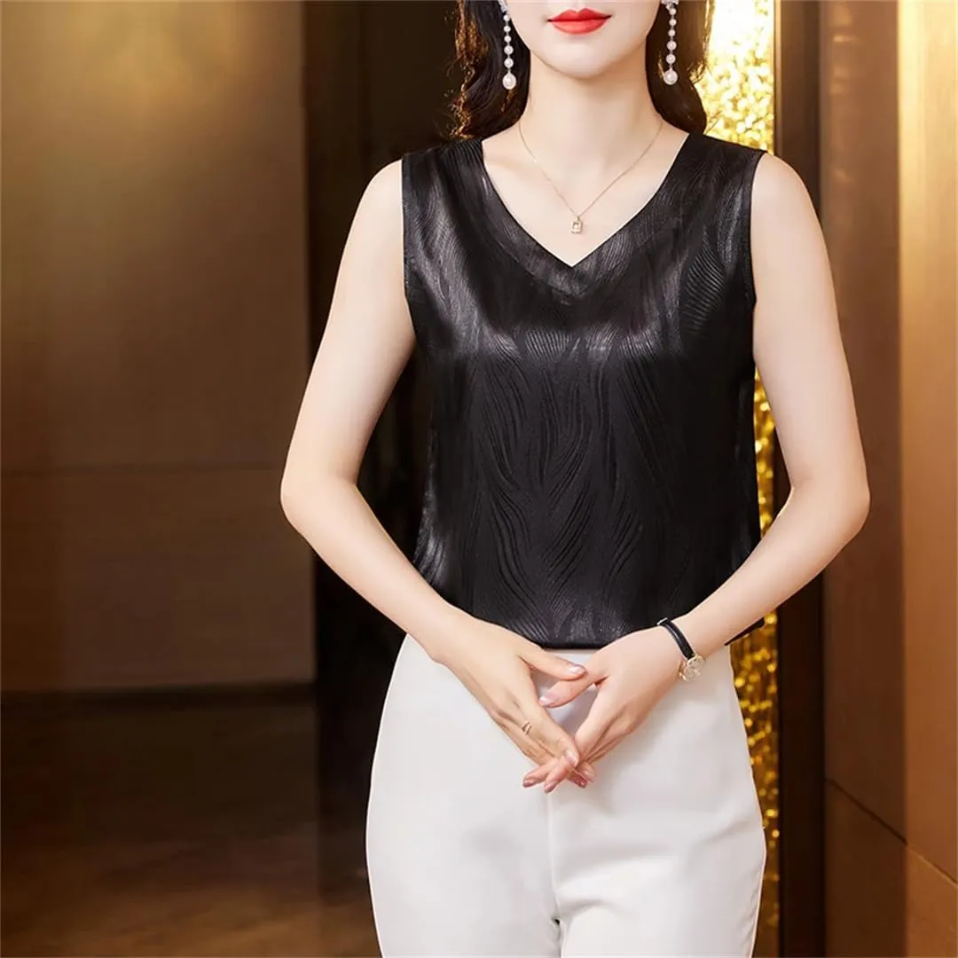 Women's Summer V-Neck Satin Vest Sleeveless Tees Elegant Office Tank Tops Camisole