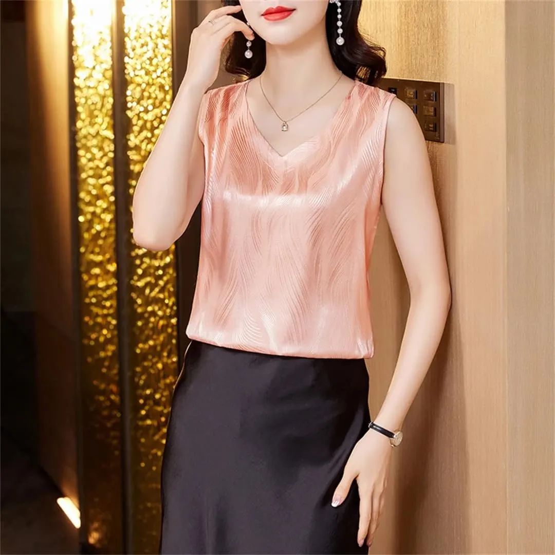 Women's Summer V-Neck Satin Vest Sleeveless Tees Elegant Office Tank Tops Camisole