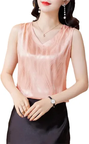 Women's Summer V-Neck Satin Vest Sleeveless Tees Elegant Office Tank Tops Camisole