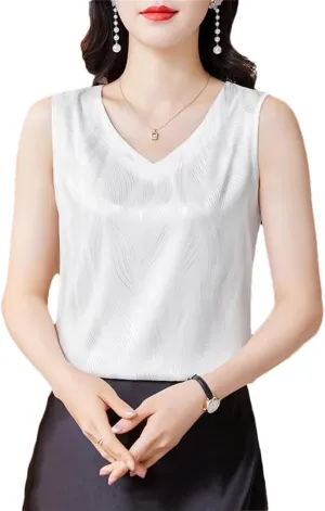 Women's Summer V-Neck Satin Vest Sleeveless Tees Elegant Office Tank Tops Camisole
