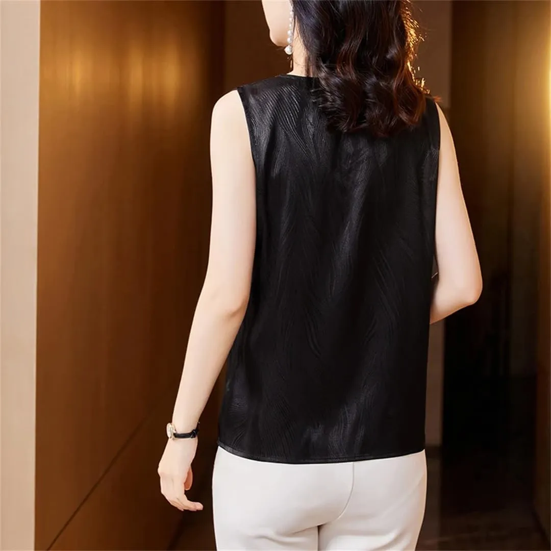 Women's Summer V-Neck Satin Vest Sleeveless Tees Elegant Office Tank Tops Camisole
