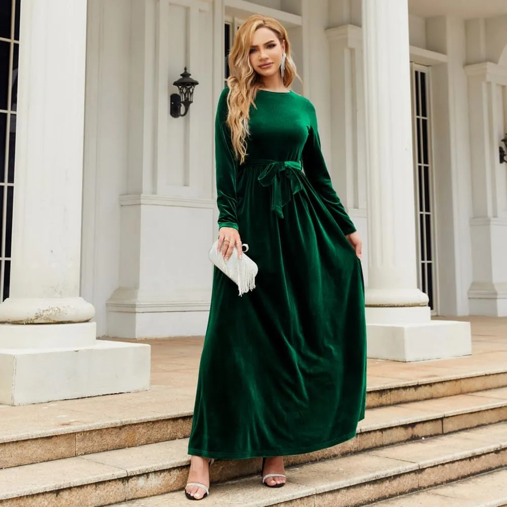Women's Velvet Long Sleeve Maxi Dress Elegant Round Neck Winter A Line Fall Winter Evening Party Long Dress