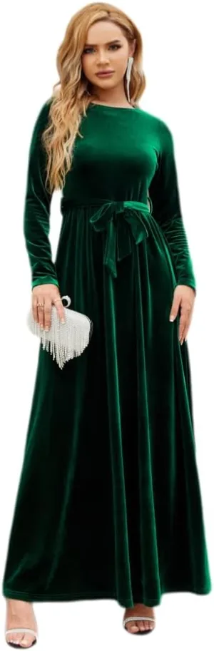 Women's Velvet Long Sleeve Maxi Dress Elegant Round Neck Winter A Line Fall Winter Evening Party Long Dress
