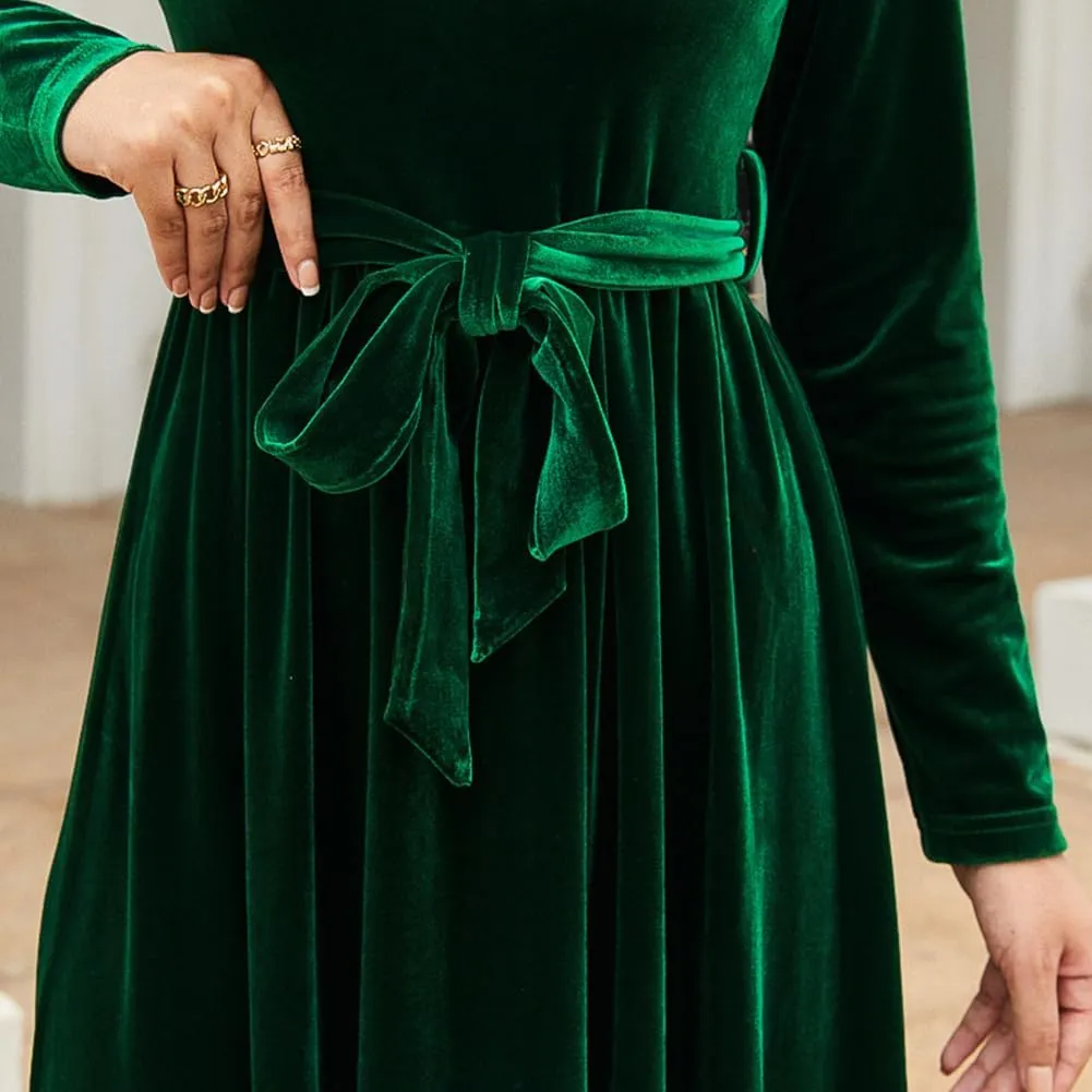 Women's Velvet Long Sleeve Maxi Dress Elegant Round Neck Winter A Line Fall Winter Evening Party Long Dress