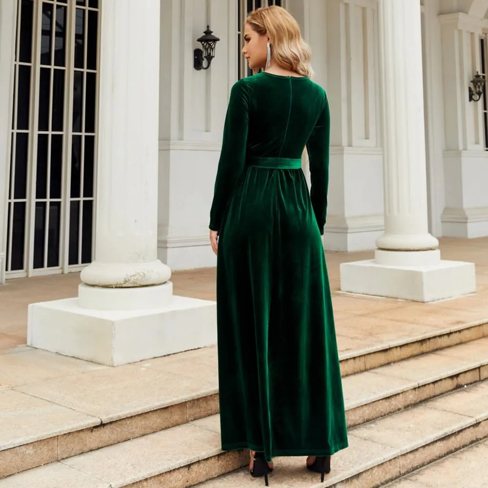 Women's Velvet Long Sleeve Maxi Dress Elegant Round Neck Winter A Line Fall Winter Evening Party Long Dress