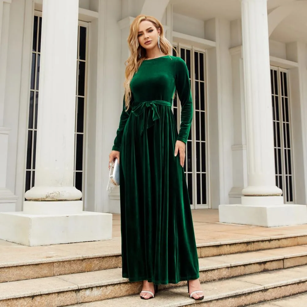 Women's Velvet Long Sleeve Maxi Dress Elegant Round Neck Winter A Line Fall Winter Evening Party Long Dress