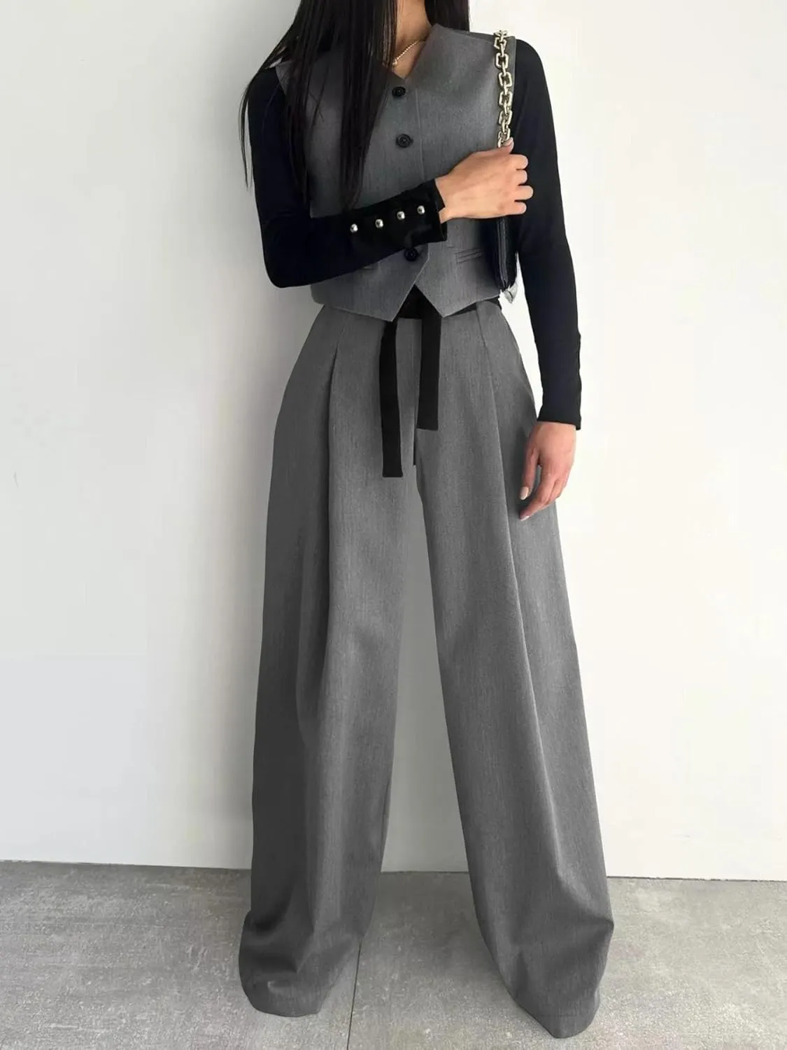 Women's Wide Leg Pants with Pockets High Waisted Casual Loose Tie Knot Business Trousers Pants