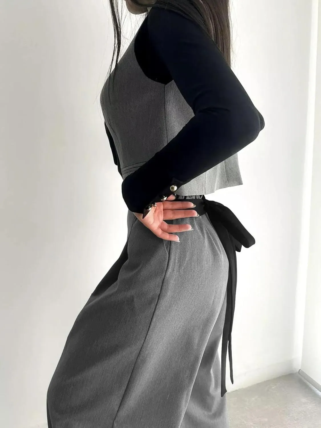 Women's Wide Leg Pants with Pockets High Waisted Casual Loose Tie Knot Business Trousers Pants