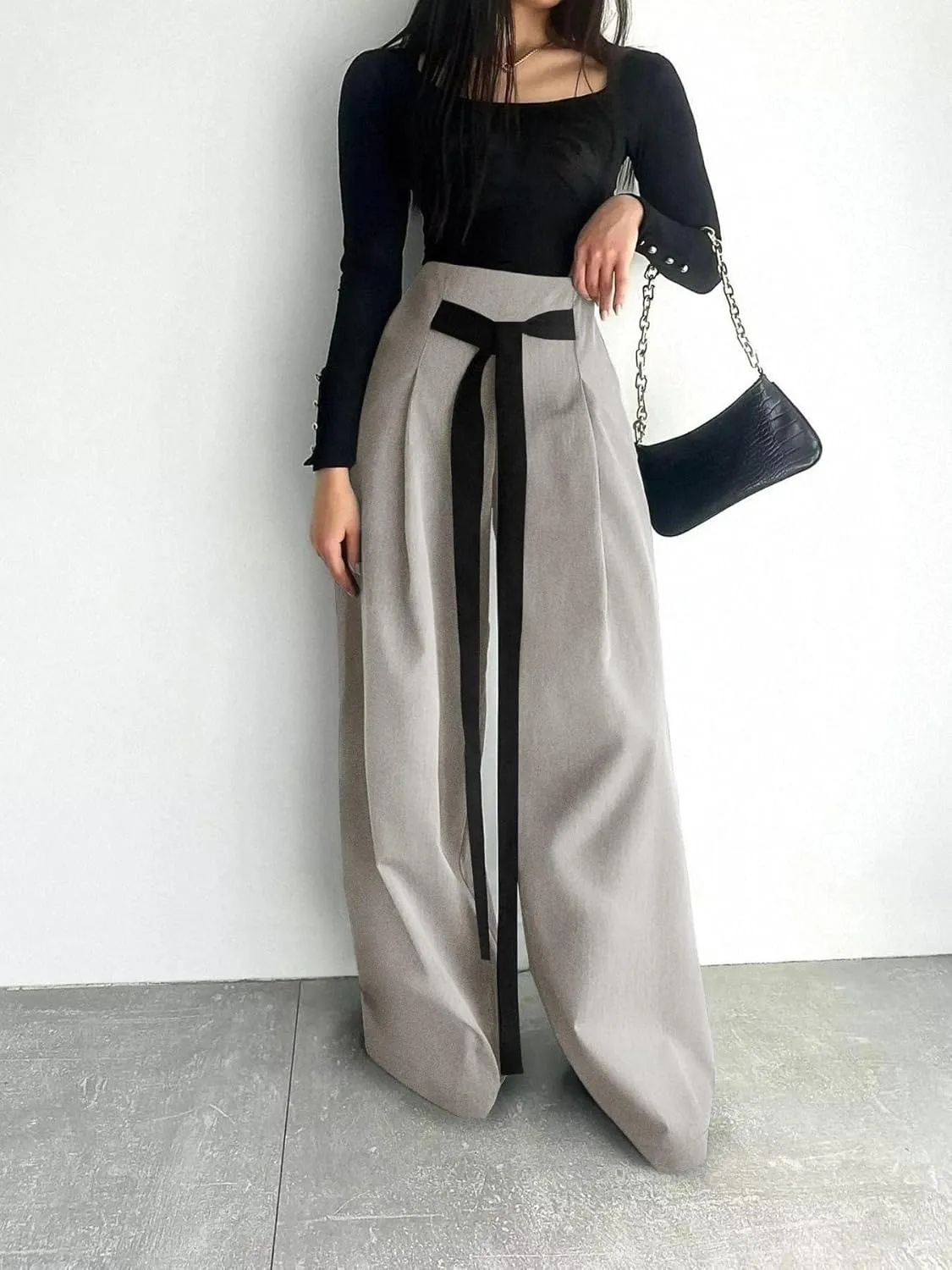 Women's Wide Leg Pants with Pockets High Waisted Casual Loose Tie Knot Business Trousers Pants