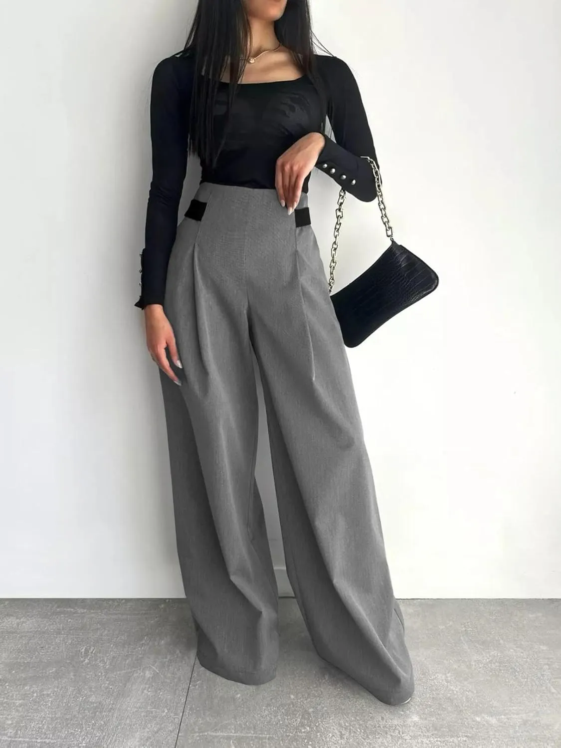 Women's Wide Leg Pants with Pockets High Waisted Casual Loose Tie Knot Business Trousers Pants