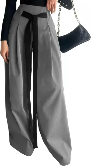 Women's Wide Leg Pants with Pockets High Waisted Casual Loose Tie Knot Business Trousers Pants