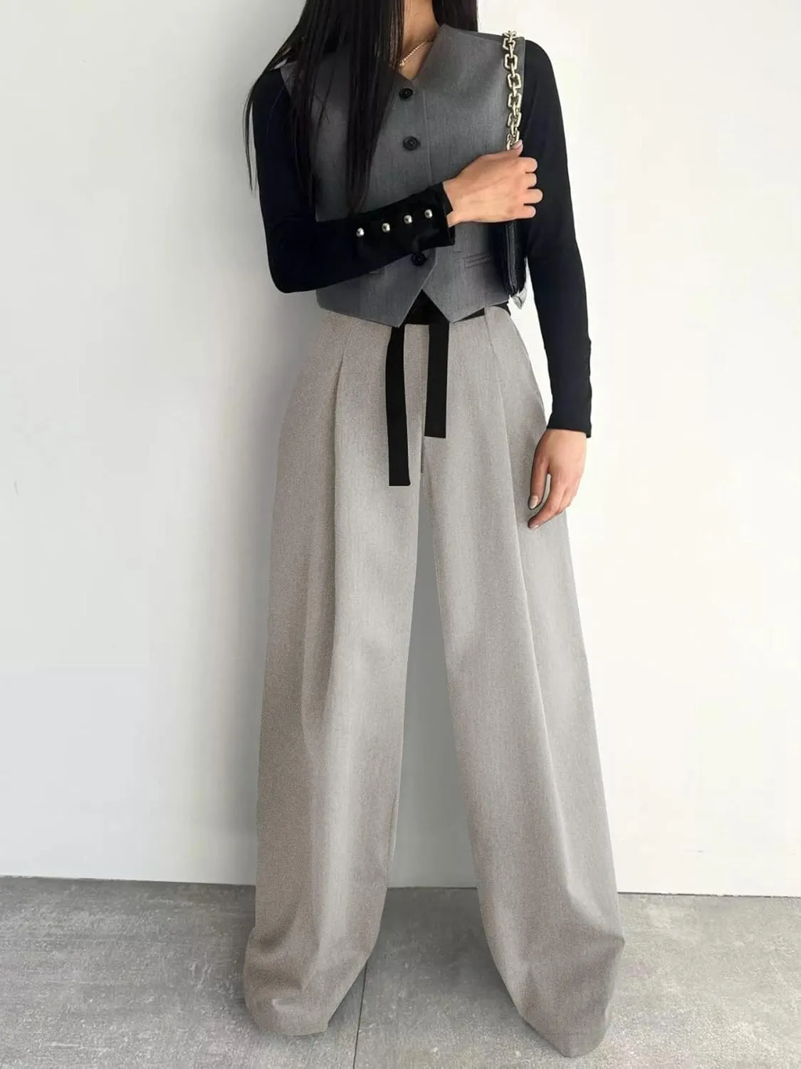 Women's Wide Leg Pants with Pockets High Waisted Casual Loose Tie Knot Business Trousers Pants
