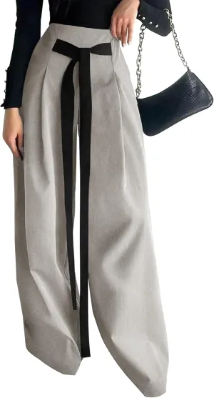 Women's Wide Leg Pants with Pockets High Waisted Casual Loose Tie Knot Business Trousers Pants