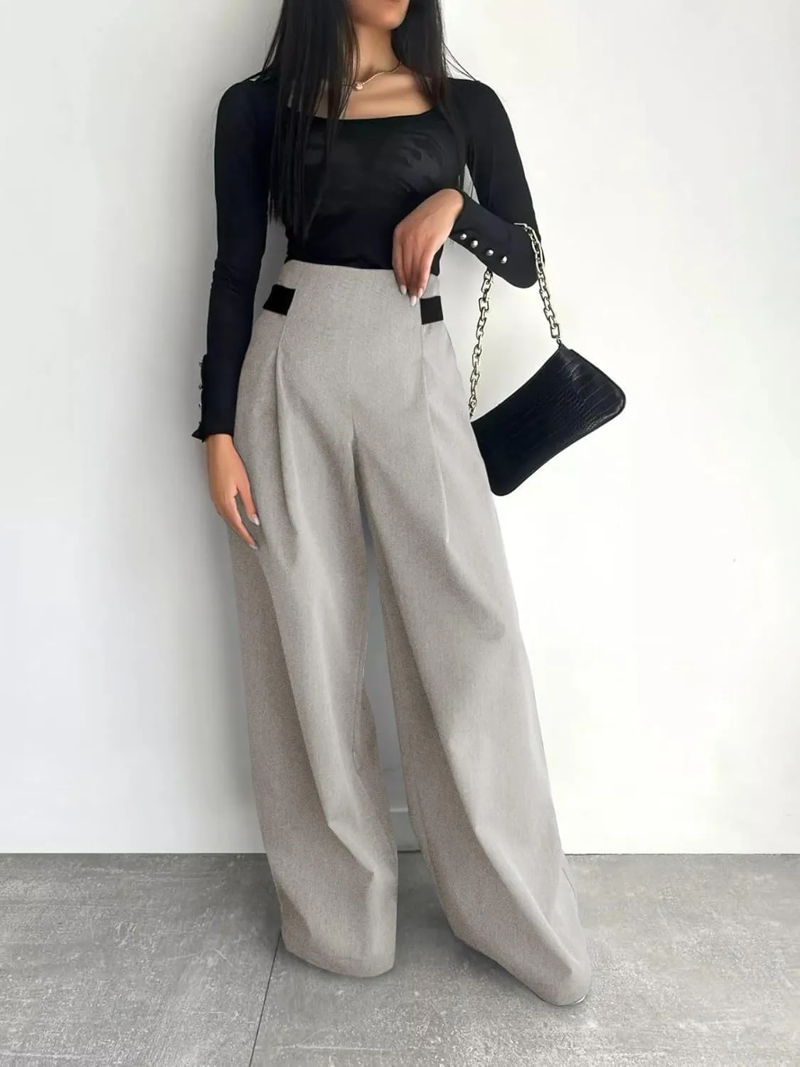 Women's Wide Leg Pants with Pockets High Waisted Casual Loose Tie Knot Business Trousers Pants
