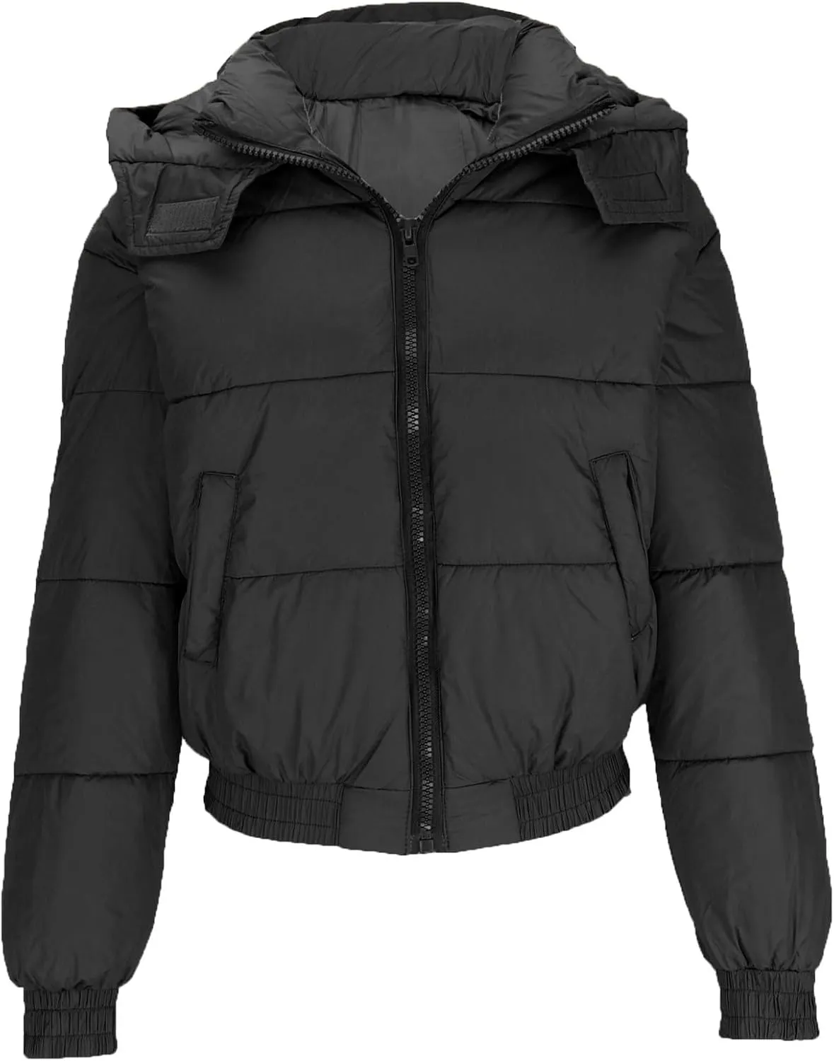 Women's Winter Fashion Crop Puffer Jacket Teen Girl Warm Hooded Cotton Padded Jacket Y2K Pockets Baggy Short Coats